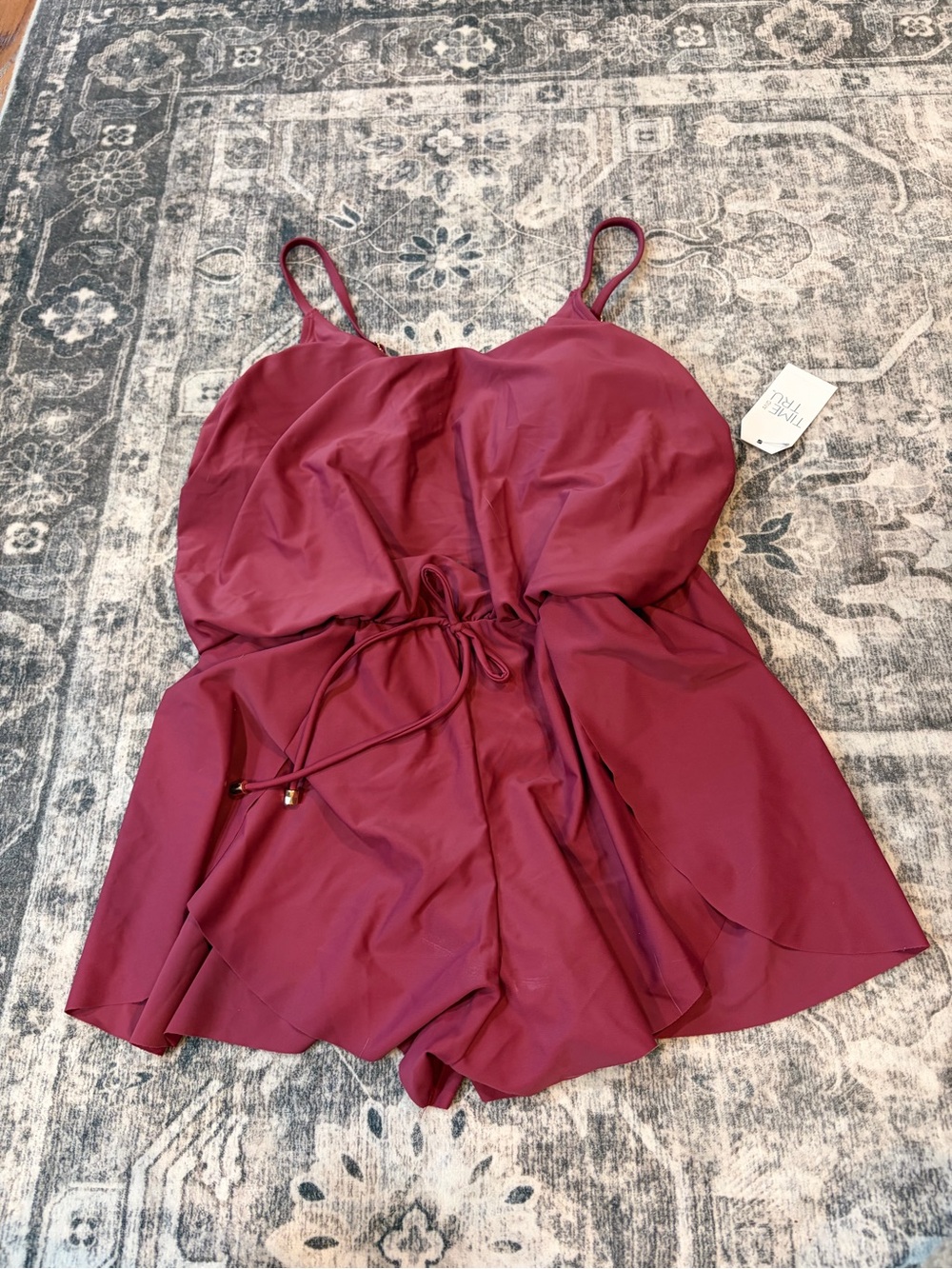 Time and Tru Wine-Raspberry One-Piece Swimsuit with Drawstring